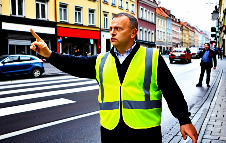 **
Prompt: A busy Polish street intersection. A road safety expert, wearing a high-visibility vest, points to a traffic light configuration with city officials. Focus on the confusion the light angles are causing drivers in modern European car. Slightly blurred background of shops and pedestrians.
**