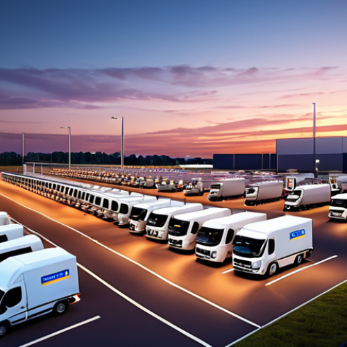 **A modern logistics center at sunset, trucks lined up ready for dispatch, data dashboards glowing in the control room, showcasing advanced TMS software.** (Focus: Technology, efficiency, modern transport)