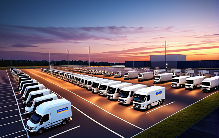 **A modern logistics center at sunset, trucks lined up ready for dispatch, data dashboards glowing in the control room, showcasing advanced TMS software.** (Focus: Technology, efficiency, modern transport)