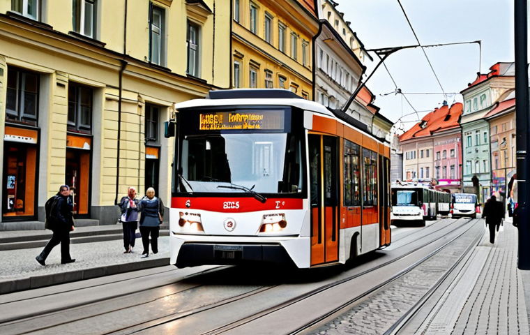 **

A bustling city street in Warsaw, Poland. A modern tram or bus is prominently featured, filled with diverse passengers. Focus on the realistic details of the urban environment - advertisements in Polish, typical Polish street signs, and the architecture specific to Warsaw. Capture the everyday scene of commuting in a Polish city. The overall mood should be dynamic and lively.

**