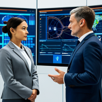 A professional female data analyst in a modest business suit, intently reviewing large, transparent digital screens displaying complex logistics data, real-time maps, and fleet telematics in a futuristic, clean logistics control center. A male IoT specialist in professional attire is nearby, interacting with a holographic interface. Automated robotic arms are visible in the background within a highly efficient warehouse setting. Perfect anatomy, correct proportions, natural pose, well-formed hands, proper finger count, natural body proportions, high-quality, professional photography, cinematic lighting, safe for work, appropriate content, fully clothed, professional dress, family-friendly.
