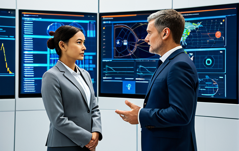 A professional female data analyst in a modest business suit, intently reviewing large, transparent digital screens displaying complex logistics data, real-time maps, and fleet telematics in a futuristic, clean logistics control center. A male IoT specialist in professional attire is nearby, interacting with a holographic interface. Automated robotic arms are visible in the background within a highly efficient warehouse setting. Perfect anatomy, correct proportions, natural pose, well-formed hands, proper finger count, natural body proportions, high-quality, professional photography, cinematic lighting, safe for work, appropriate content, fully clothed, professional dress, family-friendly.