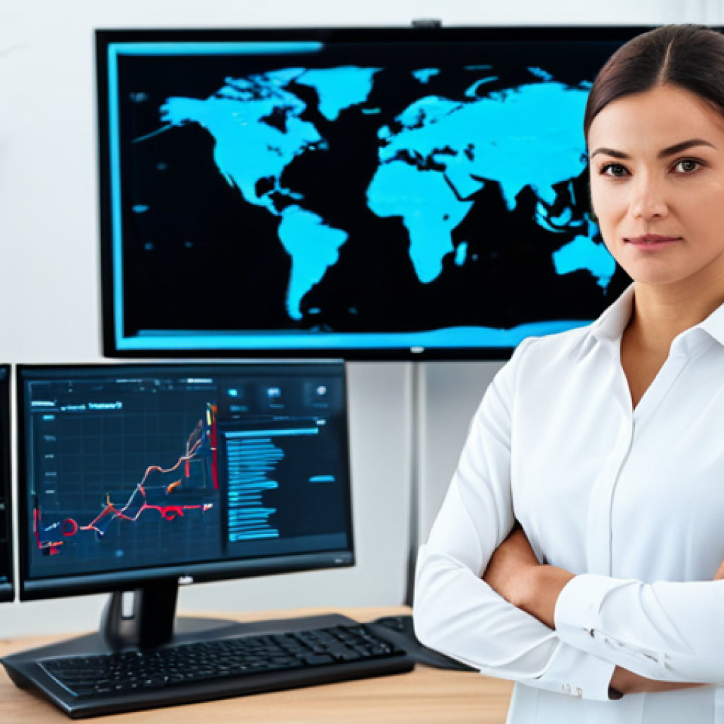 A professional logistics manager, male or female, standing confidently. Dressed in a modest, dark professional business suit with a crisp white shirt, fully clothed, appropriate attire, professional dress. In a sophisticated, brightly lit modern logistics control room. The background features large, high-resolution screens displaying intricate data visualizations, real-time tracking maps, and various performance metrics, symbolizing advanced telematics and data management. A desk with a tablet and a neatly organized workstation is visible in the foreground. Perfect anatomy, correct proportions, natural pose, well-formed hands, proper finger count, natural body proportions, safe for work, appropriate content, professional, high-quality photograph, realistic rendering, sharp focus, volumetric lighting.