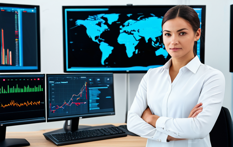 A professional logistics manager, male or female, standing confidently. Dressed in a modest, dark professional business suit with a crisp white shirt, fully clothed, appropriate attire, professional dress. In a sophisticated, brightly lit modern logistics control room. The background features large, high-resolution screens displaying intricate data visualizations, real-time tracking maps, and various performance metrics, symbolizing advanced telematics and data management. A desk with a tablet and a neatly organized workstation is visible in the foreground. Perfect anatomy, correct proportions, natural pose, well-formed hands, proper finger count, natural body proportions, safe for work, appropriate content, professional, high-quality photograph, realistic rendering, sharp focus, volumetric lighting.